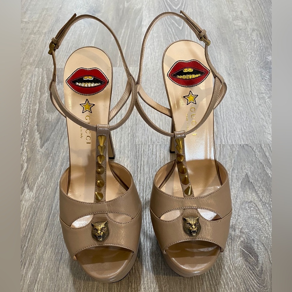 Gucci Metallic Beige Leather Angel T Strap Platform Heel